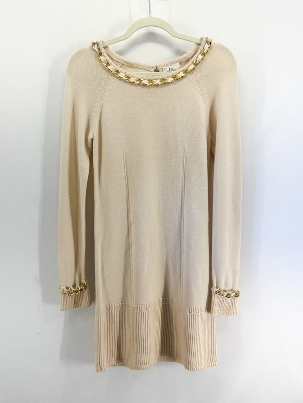MILLY NY 100% Merino Wool Gold Chain Link Sweater Mini Dress Cream Small